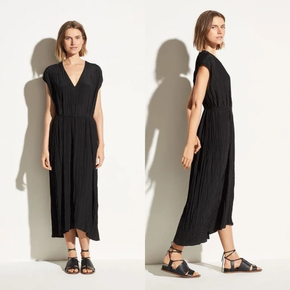 Vince | NWT Crinkle Pleat V-Neck Midi Dress Black M